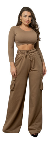 Conjunto Top Canelado E Calça Cargo Pantalona Moletom