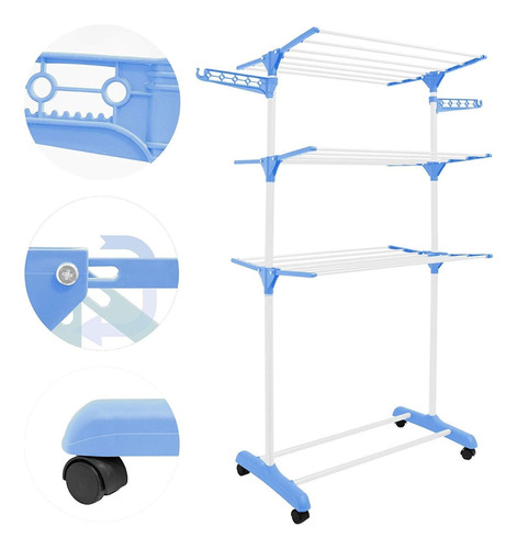 Varal Vertical 3 Andares De Chão Cabideiro Com Rodinhas 