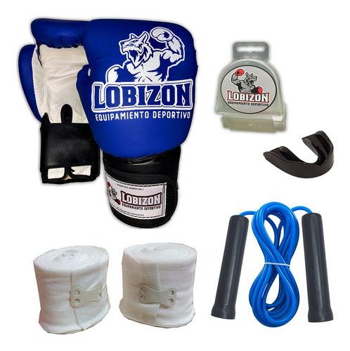 Kit Guantes + Bucal + Venda 5mts + Soga Pvc Muay Thai Boxeo