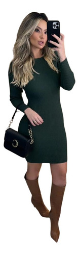 Vestido Feminino Justo Canelado Manga Longa Frio Blogueira