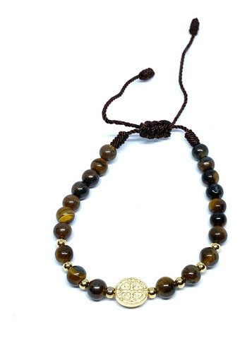 Pulsera Acero Inoxidable Hilo Con San Benito Y Ojo De Tigre