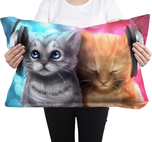 Cojin Almohada Gatos Amigos Audífonos Rectangular Esponjoso