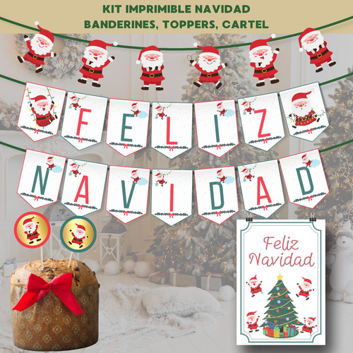 Kit Imprimible Navidad Banderines Toppers Cartel Papa Noel