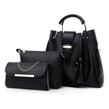 Set 3 Bolsas Mujer Borla Moda Cartera Crossbody Tote Hobo Pu Color Negro