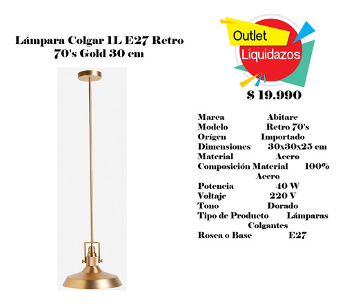 Lámpara Colgar 1l E27 Retro 70's Gold 30 Cm