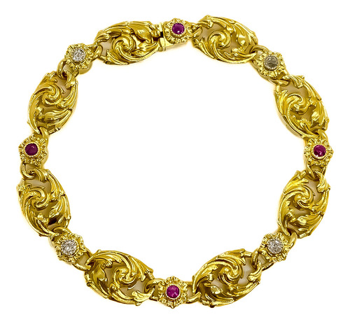 Pulsera Exclusiva Art Deco Brillantes Y Rubíes Oro 18k 19 Cm