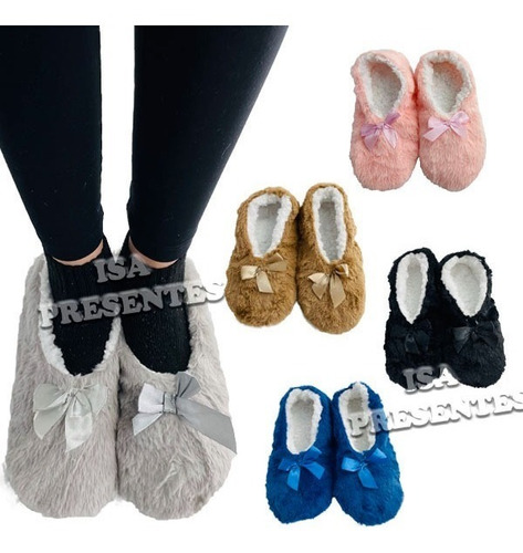 Pantufa Sapato Adulto Feminino Laço C/ Pelinho Super Quente