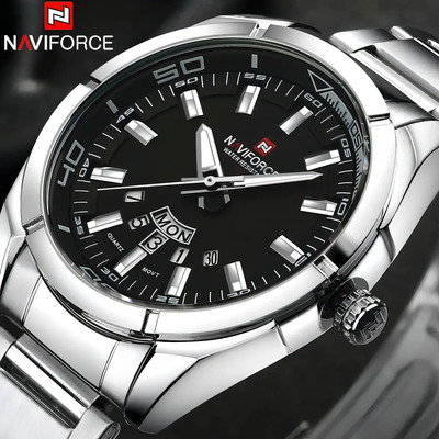 Reloj Naviforce 9038 para hombre de acero inoxidable correa plateada bisel negro | Envío gratis