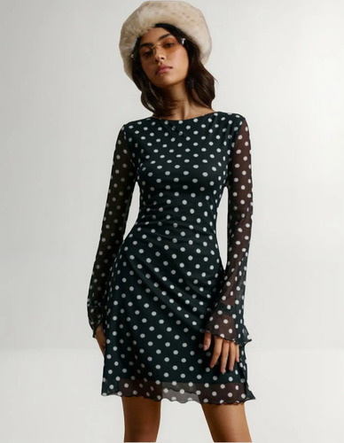 Vestido Negro Corto Manga Larga Casual Formal Lunares Puntos