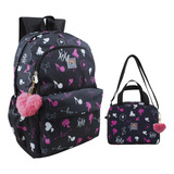 Bolsa Escolar Feminina Passeio C/ Pompom  Lancheira Térmica Cor Preto Desenho Do Tecido Boneca