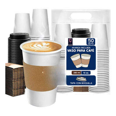 50 Vasos Para Café De 10 Oz Desechables Con Tapa Y Manga Blanco | MercadoLibre