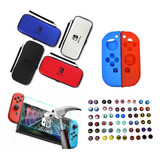 Estuche + Siliconas Joycon + Vidrio + 2 Grips Ninten Switch 