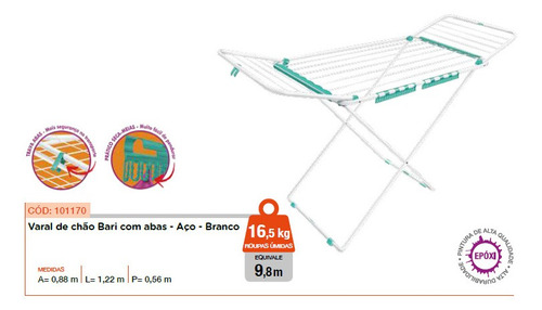 Varal De Chão Com Abas Bari 16,5kg - Aço Branco - Reforçado