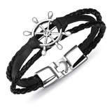 Pulsera Manilla Brazalete En Cuero Color Negro Timón Hombre