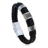 Pulsera Hombre Cuero Genuino Trenzado Negro Cierre Iman