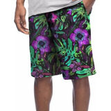 Bermuda Moletinho Shorts Tropical Flores Neon Rave Praia