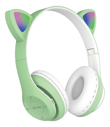 Audífonos Inalámbricos Cat Ear D47 Verde Con Luz Led Niños 