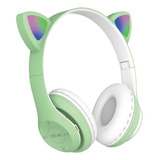 Audífonos Inalámbricos Cat Ear D47 Verde Con Luz Led Niños 