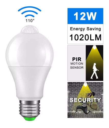 Bombillo Led 12w Sensor Movimiento E27 Blanco Globo 