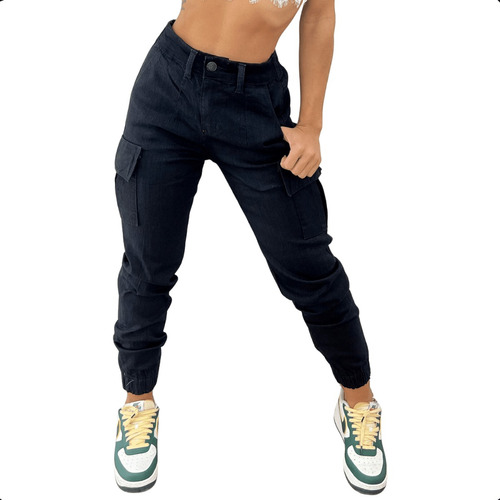 Calça Cargo Jogger Jeans Feminina Cintura Alta Com Lycra