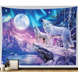 Tapiz Lienzo Colgante Lobos Aurora Boreal 75 X 85 Cm