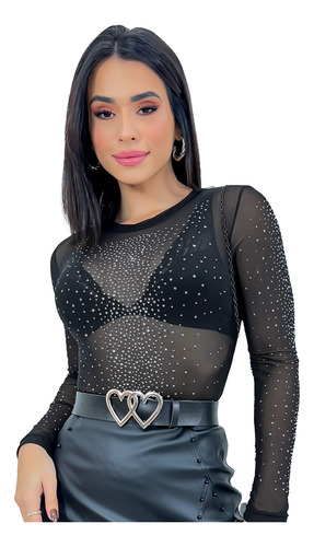 Body Blusa Manga Longa Tule Pedraria Brilho Strass Festa