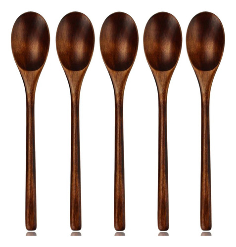 5 Cucharas De Madera Elegantes Soperas De Mango Largo 22 Cm