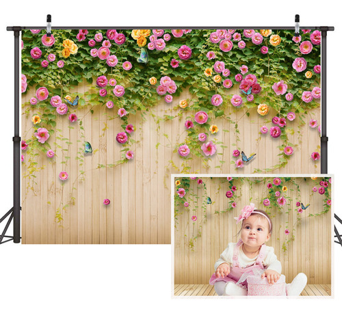 2.2x1.5m Fondo Fotográfico Vinilo Diseño De Flores Y Madera