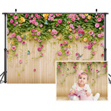 2.2x1.5m Fondo Fotográfico Vinilo Diseño De Flores Y Madera