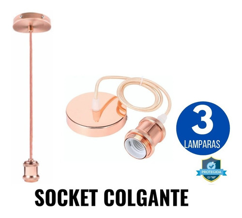 3 Lampara Socket Vintage Techo Con Cable Textil  90 Cms E27