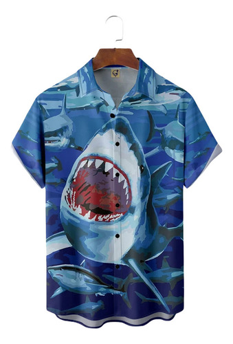 Hjb Camisa Hawaiana Unisex Azul Tiburón, Camisa De Playa De