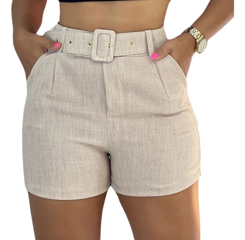 Shorts Feminino Cintura Alta Cinto Linho Bolso Lateral Novo