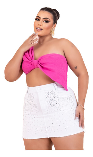 Saia Plus Size Branca Desfiada Com Brilho Strass Espalhados