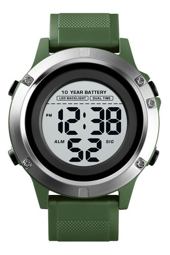 Reloj Hombre Skmei 1518 Sumergible Digital Alarma Cronometro Color De La Malla Verde Militar Color Del Bisel Plateado Color Del Fondo Blanco