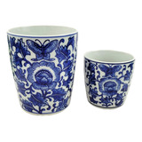 Vaso Azul E Branco 15/10cm Flores E Borboletas Porcelana 2pc
