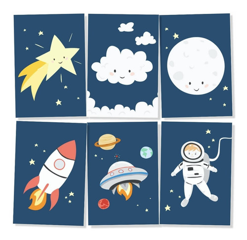 Kit 6 Placas Quadro Decoração Quarto Menino Astronauta P