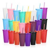 Vasos De Plastico Con Tapas Y Popotes, 24 Vasos Reutilizable