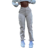 Pantalones Blanco Joggers Tiro Alto De Mujer Cargo R