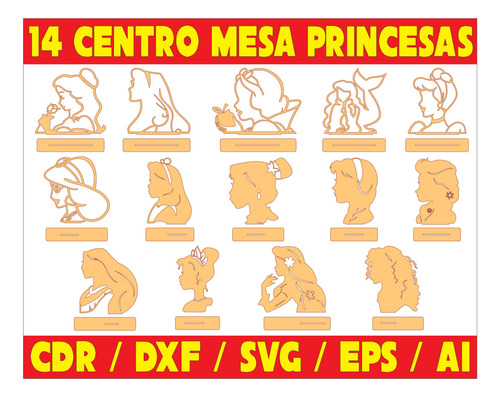 Pack Vectores Corte Laser - 14 Centros De Mesa Princesas