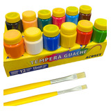 Kit Tinta Tempera Guache Acrilex 12 Cores + 2 Pincéis