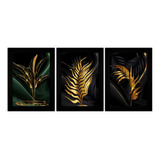Trio Quadros Decorativos Plantas Douradas Folhas Minimalista