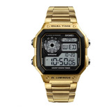 Relógio De Pulso Skmei 1335 Com Corpo Dourado,  Digital, Para Masculino, Fundo  Preto, Com Correia De Aço Inoxidável Cor Dourado, Subdials De Cor Preto, Subesferas Cor Cinza, Ponteiro De Minutos/segun