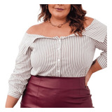 Camisa Ciganinha Botões E Listrada Feminina Plus Size