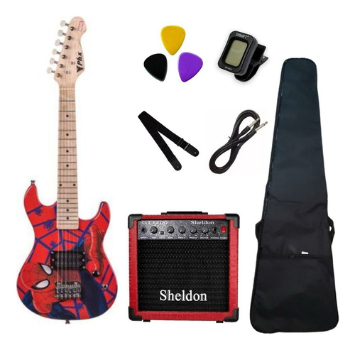 Kit Guitarra Infantil Phx Marvel Homem Aranha + Cubo Sheldon Cor Vermelho - Homem Aranha