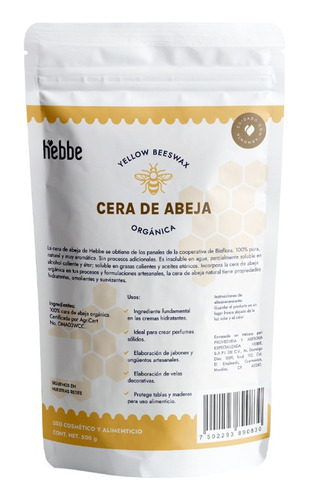 Cera De Abeja Certificada Orgánica Hebbe Natural Libre De Parafina 500 G