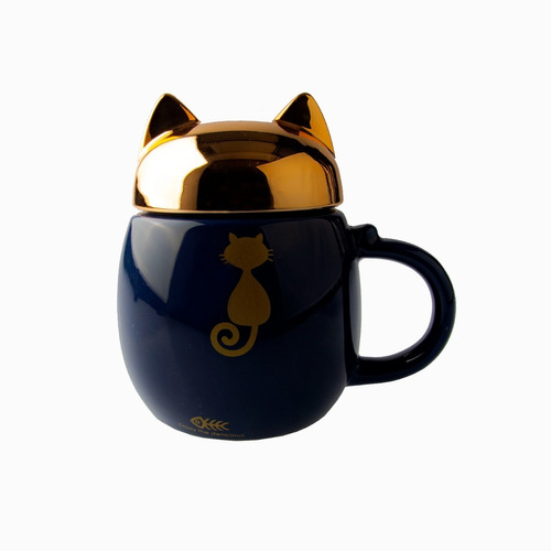 Taza De Cerámica Con Tapa De Orejas Gatos Azul Tiernos