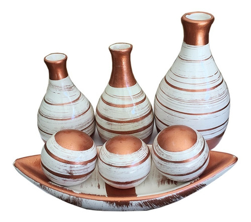Trio Vasos Cerâmica Bandeija Com Bolas Decoração Rack Sala
