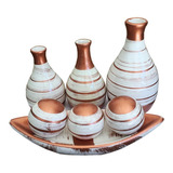 Trio Vasos Cerâmica Bandeija Com Bolas Decoração Rack Sala