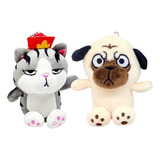 Pack Llavero Gato Emperador Y Pug Amigo Peluche Pequeño 