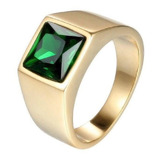 Anel Masculino Comendador Pedra Verde Banhado A Ouro 18k